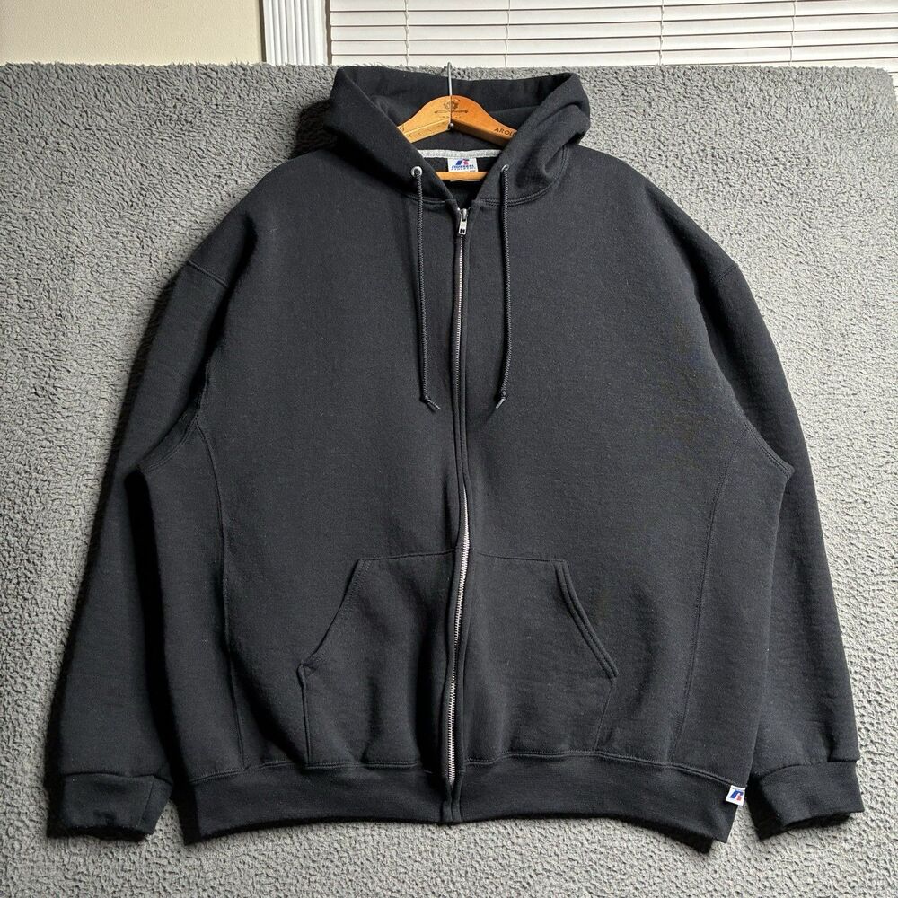 Vintage Y2K Russell Athletic Hoodie Sweatshirt Mens 2XL XXL Black Full Zip Skate